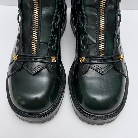 Versace Column Combat Boots Dark Green Leather Gold Medusa Logo Mens EU 41 US 8 - Picture 9 of 16